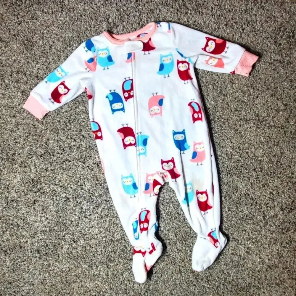 CARTER'S Baby Girl Owl Fleece Footed Pajamas White Pink Blue Size 6m